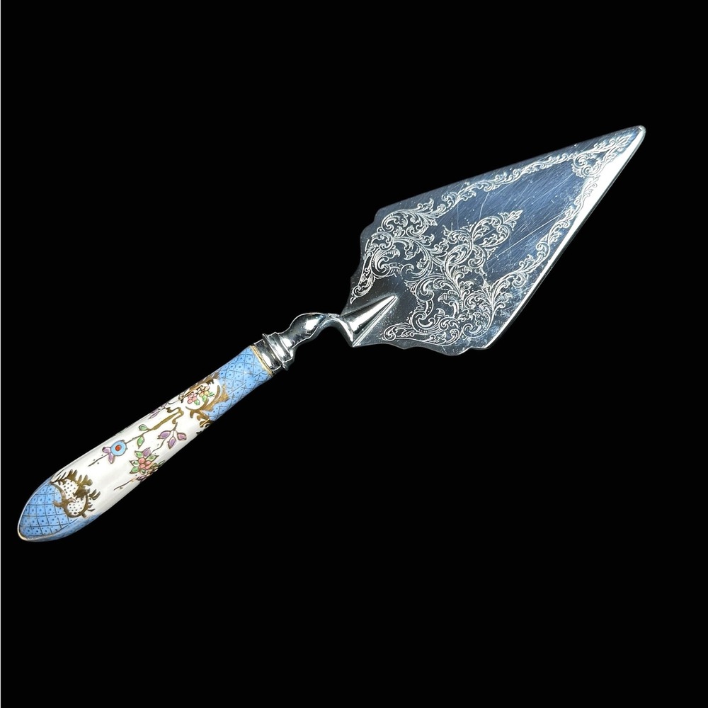 AE Lewis & Co Sheffield England Cake Server Engraved Silver Porcelain Handle